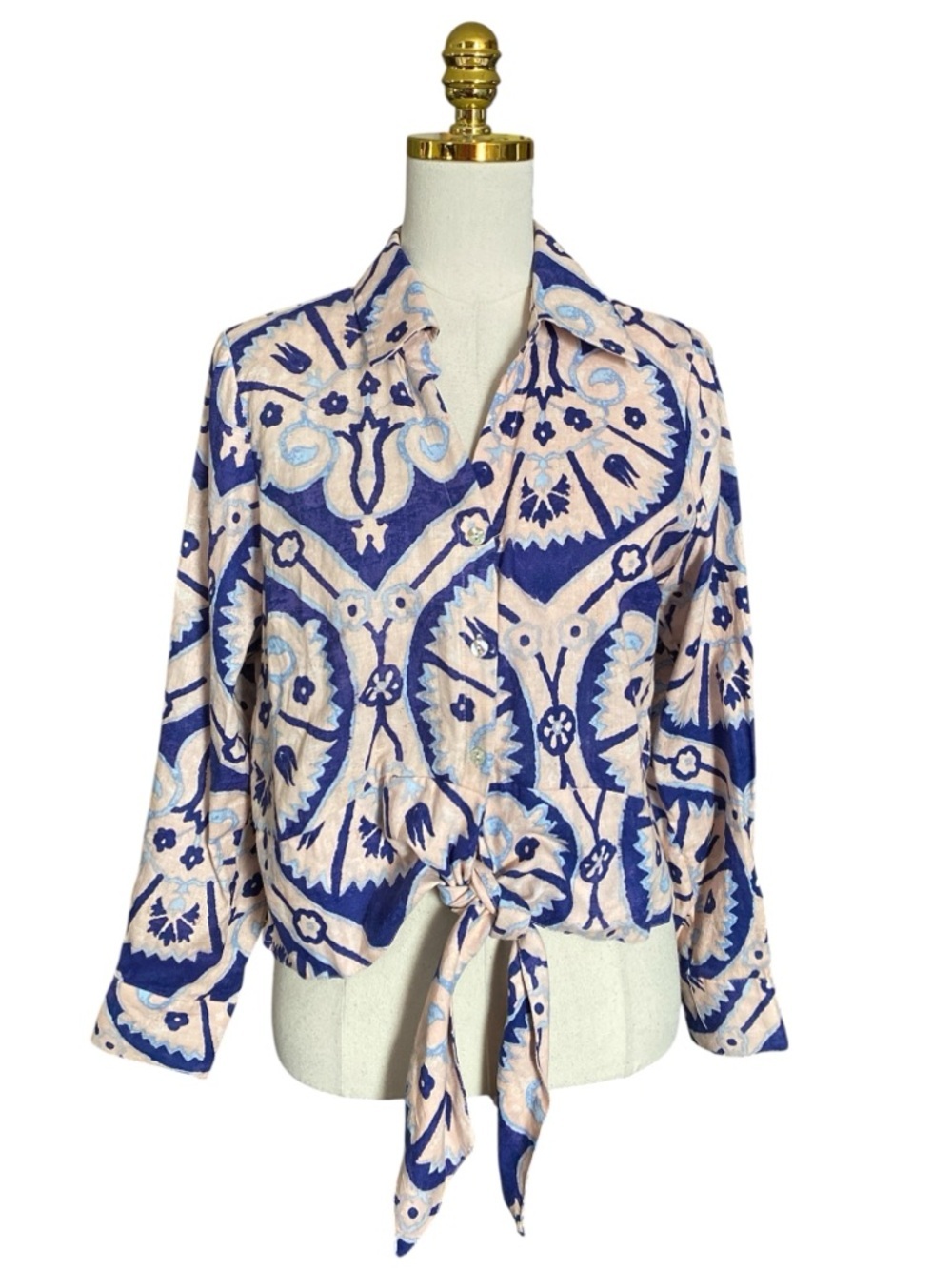 Christian Siriano Women’s Tie Front Linen Blend Blue & Cream Print Top Sz Large